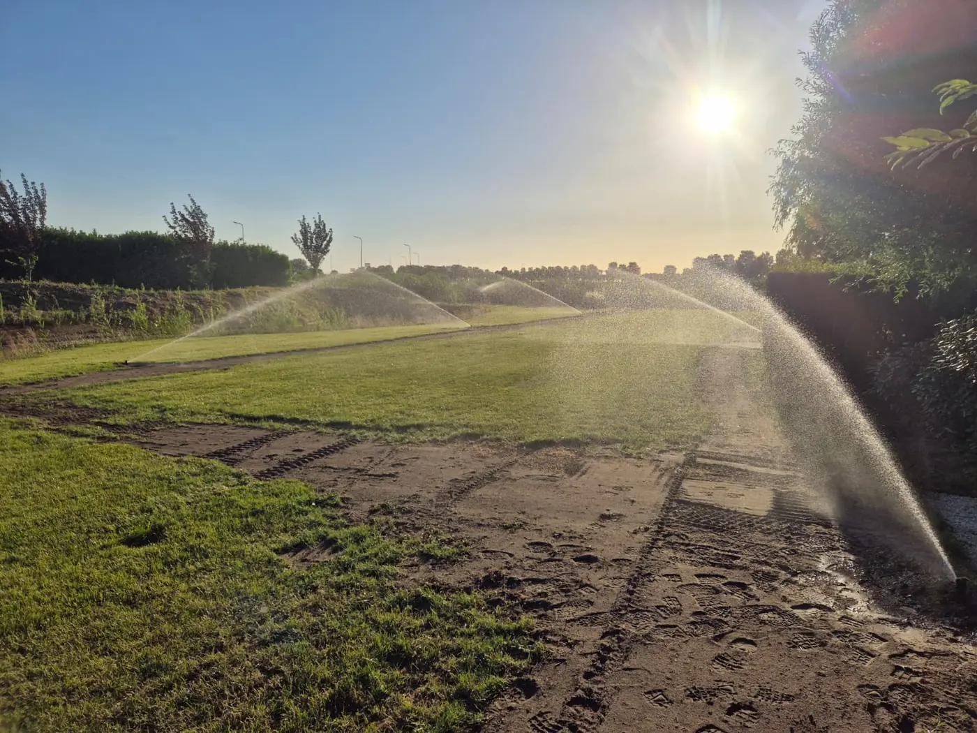 Sproeier in werking op een grasveld bij zonsondergang